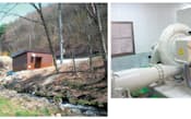 山梨県北杜市の農業用水路を利用した丸紅の水力発電設備（右は水車発電機）