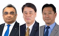 日産の社長兼CEOに就く内田誠氏（中）、COOに就くグプタ氏（左）、副COOとなる関氏（右）