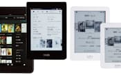 図1　アマゾンは2012年11月に電子ペーパーの「Kindle Paperwhite」（左から2番め）で日本初参入。12月にはカラー液晶の「Kindle Fire」（左）2機種を発売し、楽天に一歩先んじている。楽天は電子ペーパーの「kobo Touch」を2012年7月に発売し、現在は「kobo glo」（右から2番め）「kobo mini」（右）の3ラインをそろえる。カラー液晶搭載モデルは日本では未発売