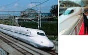 東海道新幹線の新型車両「N700A」（左）。右は2月に開催した出発式の様子（写真提供:JR東海、以下同様）
