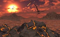 非鳥類型恐竜を一掃した大量絶滅の際に、噴火する火山の上空を飛ぶ翼竜たち（ILLUSTRATION BY STOCKTREK IMAGES, NAT GEO IMAGE COLLECTION）