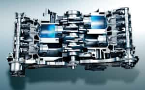 水平対向ガソリンエンジン。4気筒品では左右に2気筒ずつ配置する。気筒を立てて置く一般的なエンジンに比べて重心高を下げられる一方で、横幅は大きくなる(出所:スバル) 水平対向ガソリンエンジン。4気筒品では左右に2気筒ずつ配置する。気筒を立てて置く一般的なエンジンに比べて重心高を下げられる一方で、横幅は大きくなる(出所:スバル)