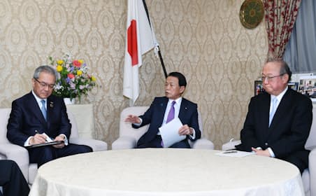 麻生財務相（中）と会談する日本政策金融公庫の田中一穂総裁(右)。左は全国銀行協会の高島会長（3月16日、財務省）