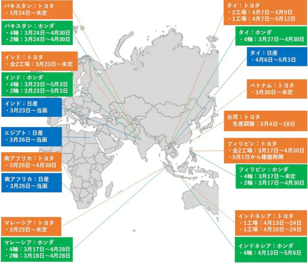 日本を除くアジアの工場の稼働停止状況(作成:日経クロステック)