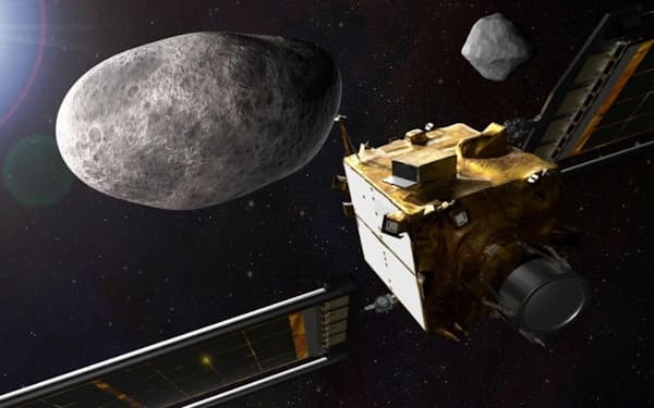 NASAが初めて実施する地球防衛ミッションDARTでは、小惑星に宇宙船を猛スピードで衝突させ、その軌道を変えられることを実証しようとしている（ILLUSTRATION BY NASA/JOHNS HOPKINS APL）