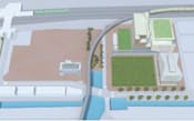 田町駅東口北地区の完成予想図。図の左上にあるのが田町駅。駅から遠い側（図の右側）に港区の公共公益施設、愛育病院（図の右下の建物）、児童福祉施設などを配置する。2014年度の完成を目指して現在、建設中。駅に近い側はオフィスビルなどとし、今後着工する予定だ