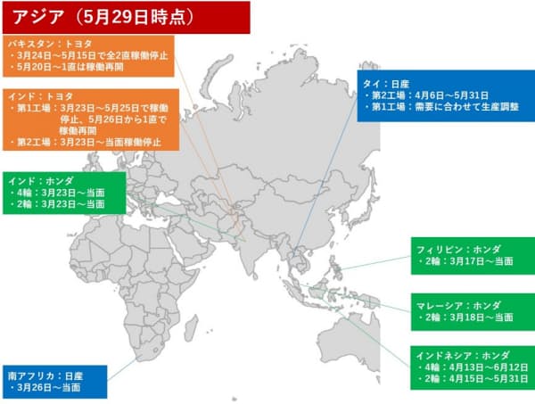 日本を除くアジアの工場の稼働停止状況(作成:日経クロステック)