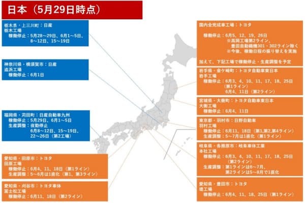 日本の工場の稼働停止状況(作成:日経クロステック)