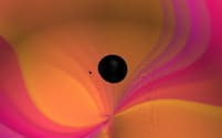 2つのブラックホールが渦を巻きながら合体し、重力波を発する様子を可視化したもの。オレンジ色の帯は、放射線の量が最も多い部分を示している。この衝突は2019年8月14日に重力波検出器LIGOとVirgoによって観測され、小さい方の天体の質量が太陽の約2.6倍だったことが判明した。この質量は、中性子星とブラックホールの境界の確定につながる可能性があり、非常に興味深い（IMAGE BY N. FISCHER, S. OSSOKINE, H. PFEIFFER, A. BUONANNO (MAX PLANCK INSTITUTE FOR GRAVITATIONAL PHYSICS), SIMULATING EXTREME SPACETIMES (SXS) COLLABORATION）