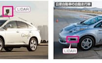 図1　グーグルと日産自動車の自動走行車。グーグルはLIDARを天井部分に搭載する一方、日産はLIDARをボディーの四隅に内蔵している
