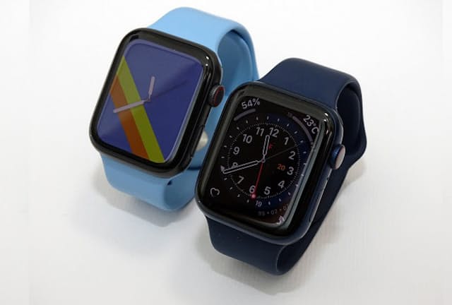 右手前が「Apple Watch Series 6」、左奥が「Apple Watch SE」。ケースサイズはともに44ミリ