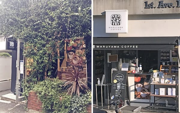 10月末に閉店した丸山珈琲の表参道Single Origin Store（左、2017年開業）と鎌倉店（15年開業）。首都圏に喫茶スペースのある店はなくなった