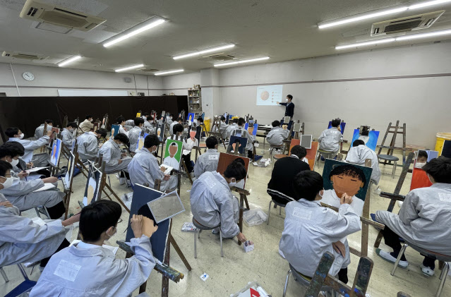 アクリル絵の具で自画像を描く(筆者撮影)
