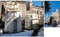 日帰り入浴施設の片倉館（右）。タンクに蓄えた温泉水の熱を暖房に利用する考えだ（左）