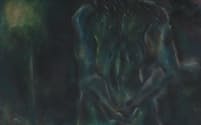 木下晋《起つ》（1964年、114×88センチメートル、クレヨン・ベニヤ板、神奈川県立近代美術館葉山蔵）