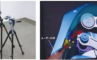 ［左］図3 3Dプリンターで造形した2輪車のハンドル。MRシステムと組み合わせて使う
［右］図4 MRシステムの画像。人間の手（左下）とCGが同時に表示されている。実際にユーザーが握っているのは図3で示したハンドル