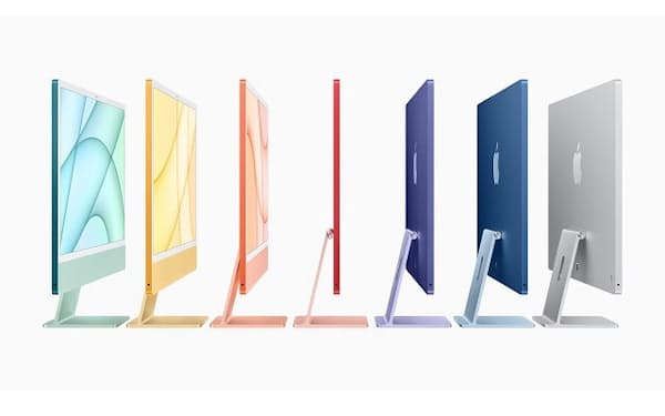 全7色のiMacが新登場した。本体カラーは左からグリーン、イエロー、オレンジ、ピンク、パープル、ブルー、そしてシルバー（写真提供:アップル）