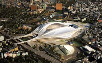2012年11月の国際デザイン・コンクールで最優秀賞に選ばれた時点でのザハ・ハディド・アーキテクツの案。北西側から見る（資料:日本スポーツ振興センター）