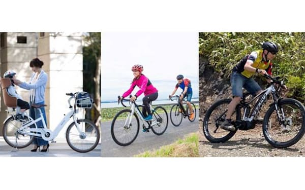 子乗せや街乗り、自転車旅用、オフロード走行可能なモデルまで車種多様化が進む電動アシスト自転車（画像提供/BESV JAPAN〈左〉、星野知大〈中央、右〉）