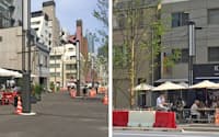 ［左］新虎通りの歩道上にパラソルを広げたオープンカフェ
［右］もう1カ所のオープンカフェ。こちらは沿道に本社を構えるキーコーヒーが運営する（写真:いずれも介川亜紀）