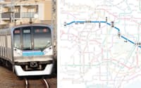［左］高架線を走る東西線の電車（05系）。都心までの所要時間の短さなど、利便性の高さから沿線開発が進み、ラッシュ時の混雑は日本ワーストクラスだ（写真:小佐野カゲトシ）
［右］東西線の路線図（資料:東京メトロ）