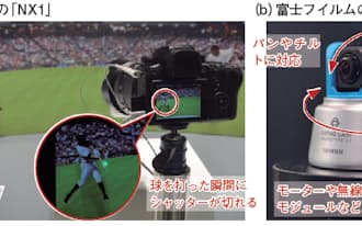 図2　 photokina 2014では、自動撮影機能の提案が相次いだ。Samsungのミラーレスカメラ「NX1」は、打者がボールを捉えた瞬間を撮影できる機能「Samsung Auto Shot」を初めて搭載した（a）。富士フイルムは自動で人を追尾して撮影するデジタルカメラ「SWING CAM」を開発した（b）
