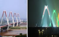 ［左］竣工間近の2014年12月時点。写真で対岸がノイバイ国際空港方面の左岸側
［右］2014年10月のハノイ解放記念日にライトアップされたニャッタン橋（写真:いずれも三井住友建設）