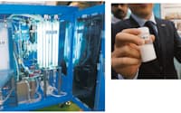 パナソニックが開発した光触媒を利用する水浄化システム（左）。反応速度を向上させた新構造の光触媒粒子を利用する（右）。地下水利用が一般的なインドに売り込む