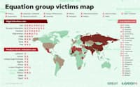 「Equation Group」による攻撃の被害者の分布図（ロシアKaspersky Labの発表資料から引用）