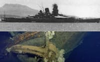 撃沈される前の戦艦武蔵（上）と、4日、新たに公開された戦艦武蔵とされる船体の一部=共同