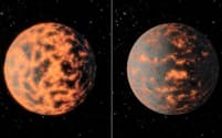 地球の8倍の質量を持ち、岩石からなる太陽系外惑星「かに座55番星e」の想像図。部分的に溶融した表面（左）と、火山活動が始まり、噴出したガスや塵により部分的に覆い隠されている様子（右）（ILLUSTRATION BY NASA/JPL-CALTECH/R. HURT）