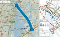 東京都中央区が検討中の地下鉄新線のルート案（左）と、東京都がほぼ同じエリアで検討中のBRT（バス高速輸送システム）のルート案（右、破線内）。東京都（右）と東京都中央区（左）の資料に日経コンストラクションが加筆
