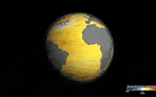 NASAの人工衛星は、1992年から2014年までの地球の海面水位の変化を測定してきた。地球儀上の青い色の海域では海面水位は低下していて、オレンジ色と赤の海域では上昇している。1992年以降、地球の海面水位は平均で約8cm上昇している。（Video courtesy NASA's Scientific Visualization Studio）