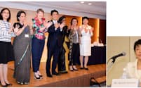 WAW!2015で開催されたトイレセッション。左から、 大崎麻子氏（アドボカシー・スペシャリスト）、ディーバ・ゴパラン・ワドワ駐日インド特命全権大使、 ヘレン・クラーク国連開発計画（UNDP）総裁、安倍総理、 ザイナブ・ハワ・バングーラ氏（紛争下の性的暴力担当国連事務総長特別代表）、 山上遊氏（LIXIL総合研究所新事業創造部グローバル環境インフラ研究室主幹）、有村大臣。写真:外務省WAW!準備事務局提供
