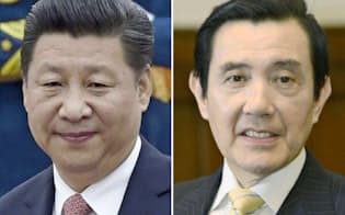 シンガポールで7日会談する中国の習近平国家主席（左）と台湾の馬英九総統=共同