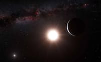 ケンタウルス座α星Bbの想像図。ケンタウルス座α星は三重連星で、想像図にはそのうちの2つの恒星（左がA星、中がB星）と、B星のまわりを公転する惑星Bb（右）が描かれているが、この惑星が存在しないことが明らかになった。（PHOTOGRAPH BY REUTERS）