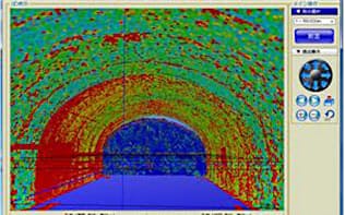 三遠南信小嵐トンネルでの3Dマッチ測定の結果。赤が変位大、青が変位小を表す（写真・資料:鹿島）