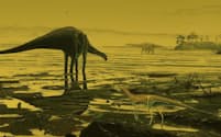 新たに見つかった恐竜の足跡から、かつて巨大な竜脚類がスコットランドの海岸を闊歩（かっぽ）していたことが明らかとなった。（ILLUSTRATION BY JON HOAD）