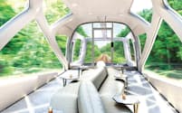 豪華列車「トランスイート四季島」の四方を窓ガラスで囲んだデザインの展望エリア（写真:JR東日本）