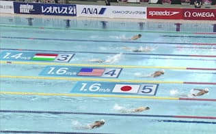 2020年までに完成させたい映像イメージの例。水泳競技で、リアルタイムに選手の名前や速度などを「重畳」する（提供:テレビ朝日）