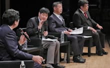 鼎談の参加者(写真左から)<br>
○守山宏道(経済産業省 サービス政策課長)<br>
○更家悠介(サラヤ社長)<br>
○藤野英人(レオス・キャピタルワークス社長)<br>
司会は横田浩一・慶応大学特任教授