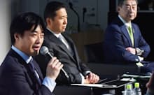 パネリスト(写真左から) 甲木浩太郎氏(外務省国際協力局地球規模課題総括課長)、荻野明彦氏(大和証券グループ本社 常務執行役)、更家悠介氏(サラヤ社長) 司会は横田浩一・慶応大学特任教授