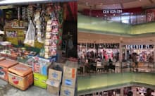インドネシアの伝統的小売店ワルン(左)と代表的な近代的小売店ハイパーマーケット(筆者撮影)