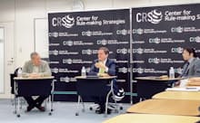 ESG投資にも経済安保の視点が必要に。国分俊史・多摩大大学院教授(右)と米シンクタンク「戦略国際問題研究所」(CSIS)のマシュー・グッドマン氏(中央)。