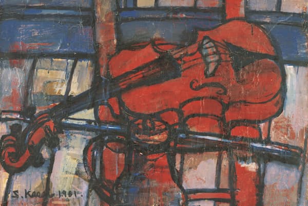 笠井誠一《ヴァイオリンと壺》(1960年、45.5×65.2センチメートル、油彩・キャンバス、個人蔵) 笠井誠一《ヴァイオリンと壺》(1960年、45.5×65.2センチメートル、油彩・キャンバス、個人蔵)